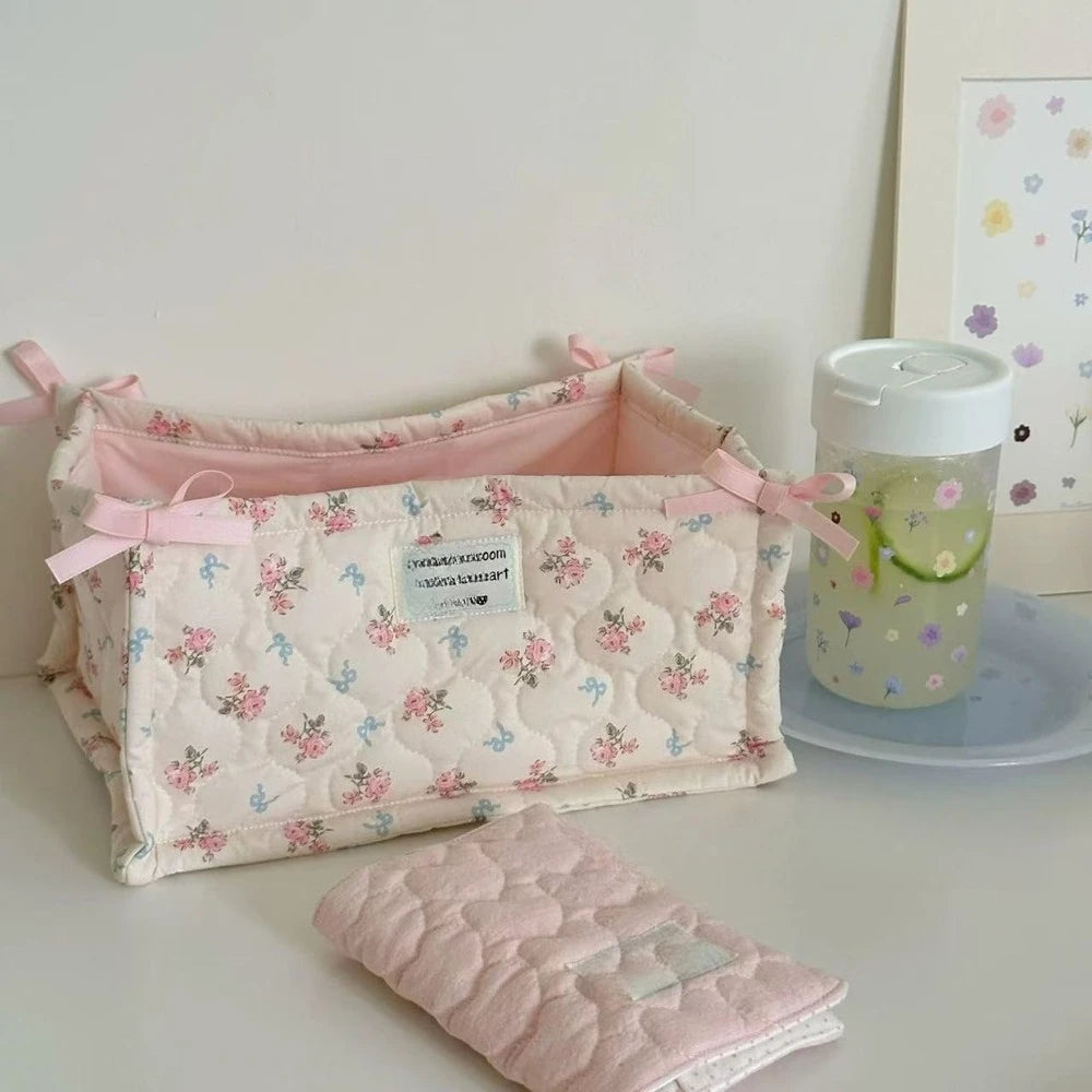 Cesta de almacenamiento cuadrada con encaje y flores, organizador de escritorio, cesta de almacenamiento acolchada coreana, bonita cesta de almacenamiento, decoración del hogar