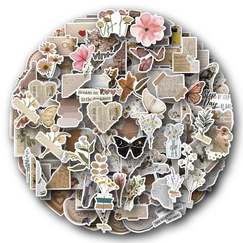 10/30/60/120PCS Pegatinas Estéticas de Mariposas y Flores de Arte Retro Calcomanías Vintage para Laptop, Teléfono, Equipaje, Álbum de Recortes, Coche, Graffiti