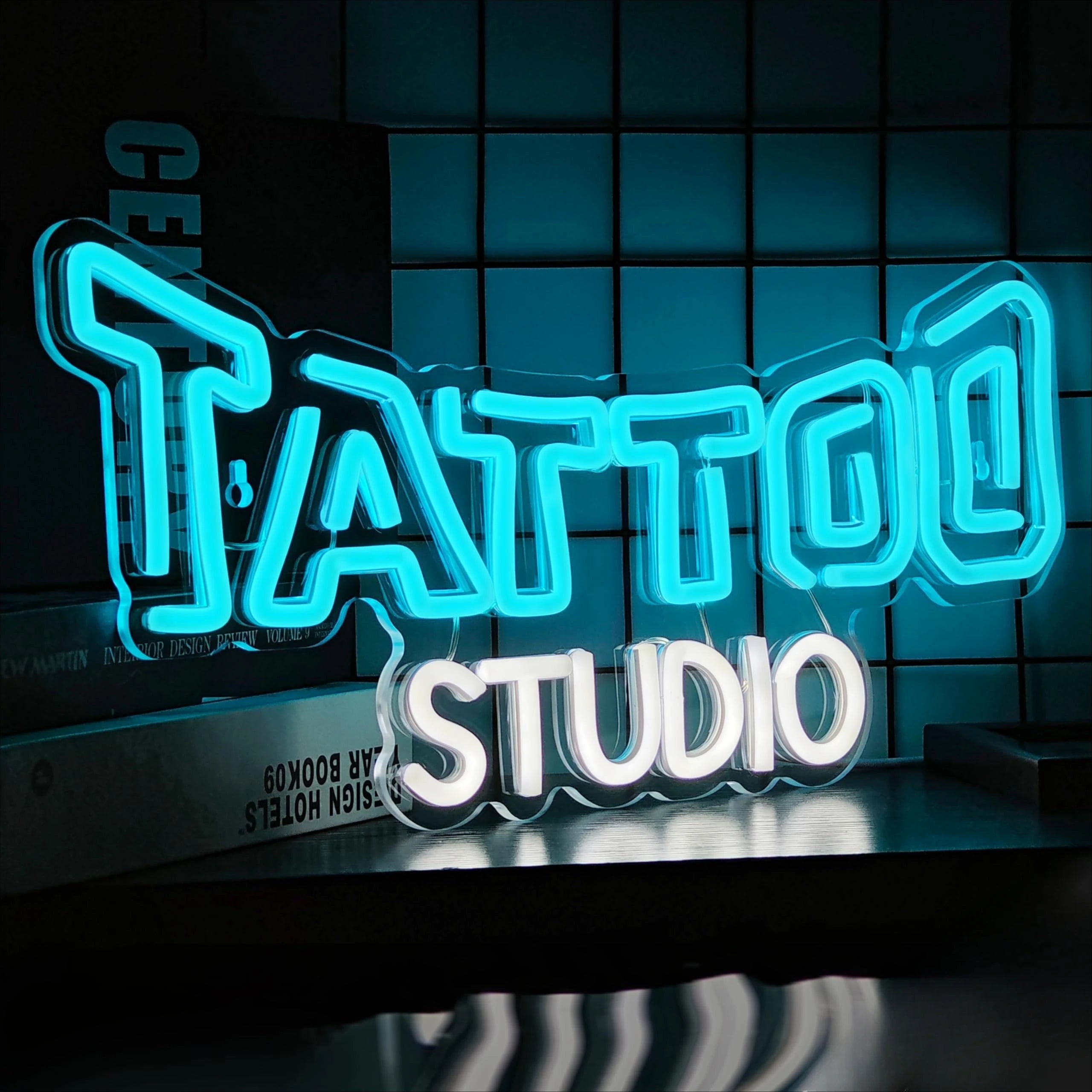 Enseigne Néon Studio Tatouage Bleu Blanc Luminescence Professionnelle Lumière LED pour Salon de Tatouage Bar Club Décoration Murale Maison Enseigne Commerciale Personnalisée Art