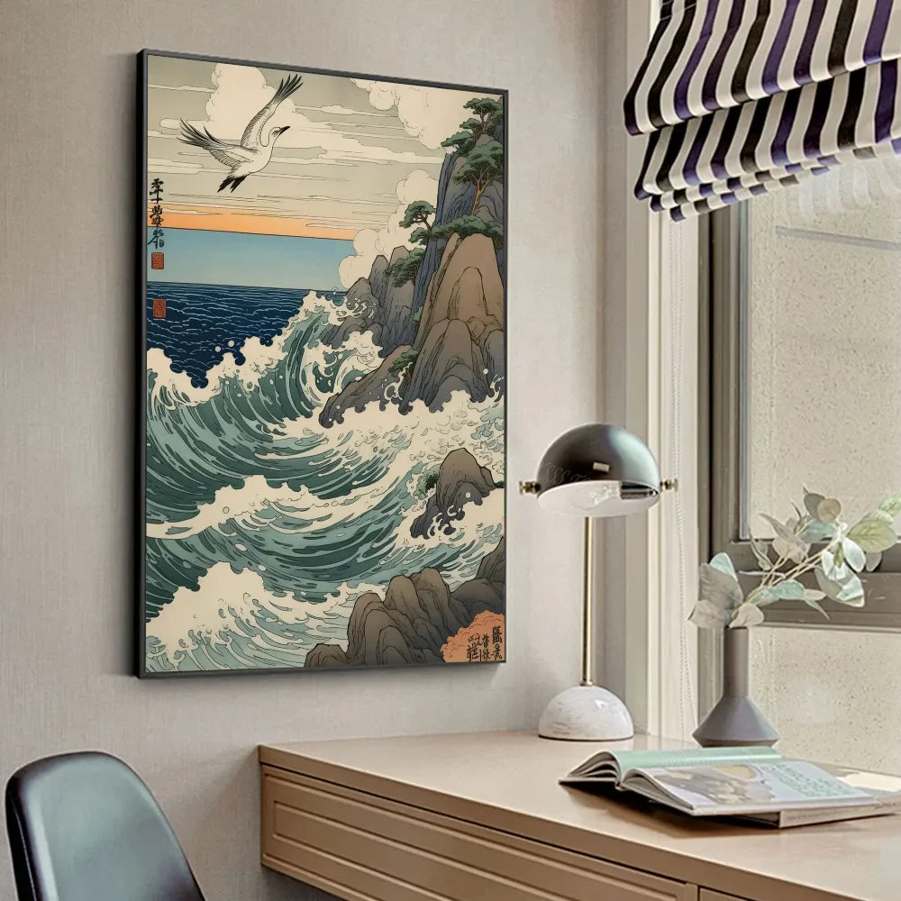 Póster Vintage Zen japonés con paisaje del Monte Fuji, peces Koi, póster HD, pósteres para decoración del hogar, habitación, bar, cafetería, pintura artística para pared