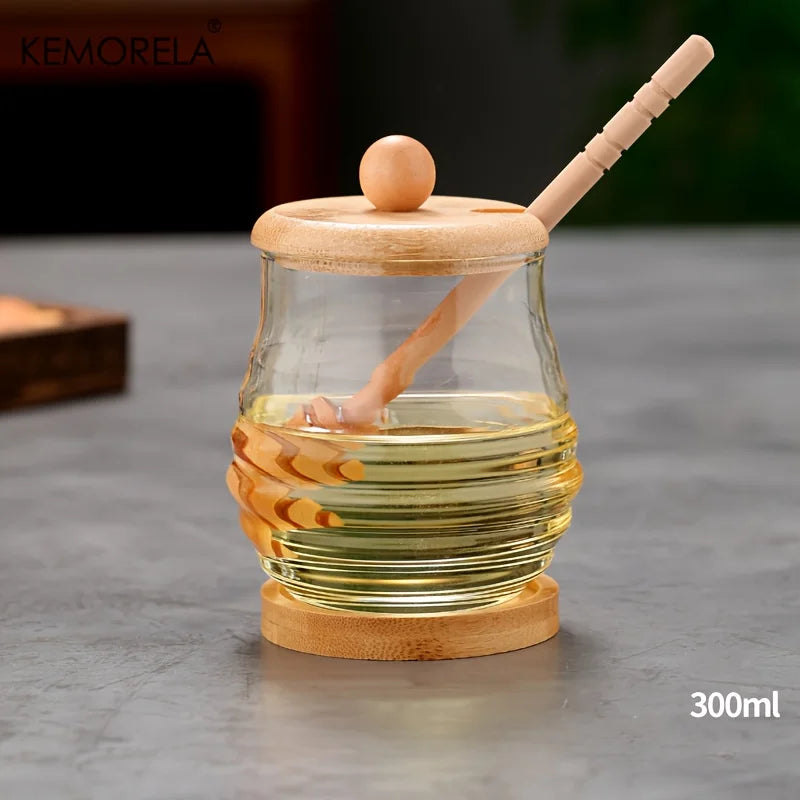 KEMORELA Tarro de Cristal Nido de Abeja Herramientas de Cocina Contenedor de Miel con Cucharón y Tapa Botella de Miel para Fiesta de Boda Comedor