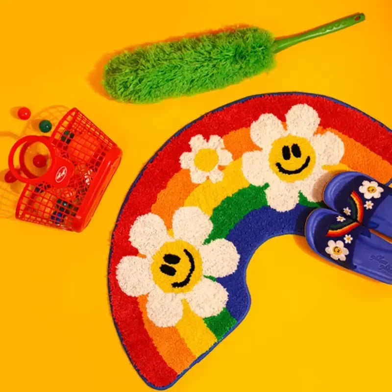 Tapis VIKAMA motif floral arc-en-ciel de dessin animé, doux, antidérapant, paillasson pour la maison, tapis de salle de bain, tapis de chevet pour chambre à coucher, décoration intérieure