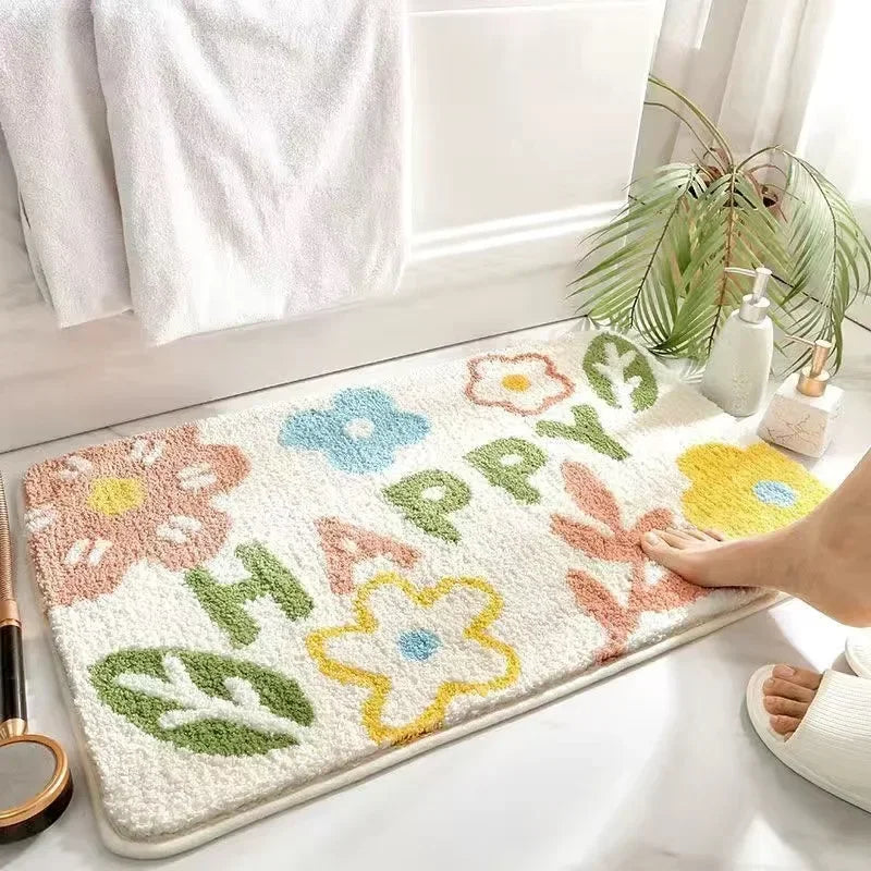 VIKAMA | Alfombra de cachemira sintética con flores frescas - Antideslizante, alfombrilla de baño absorbente/felpudo para salón/alfombrilla multiusos
