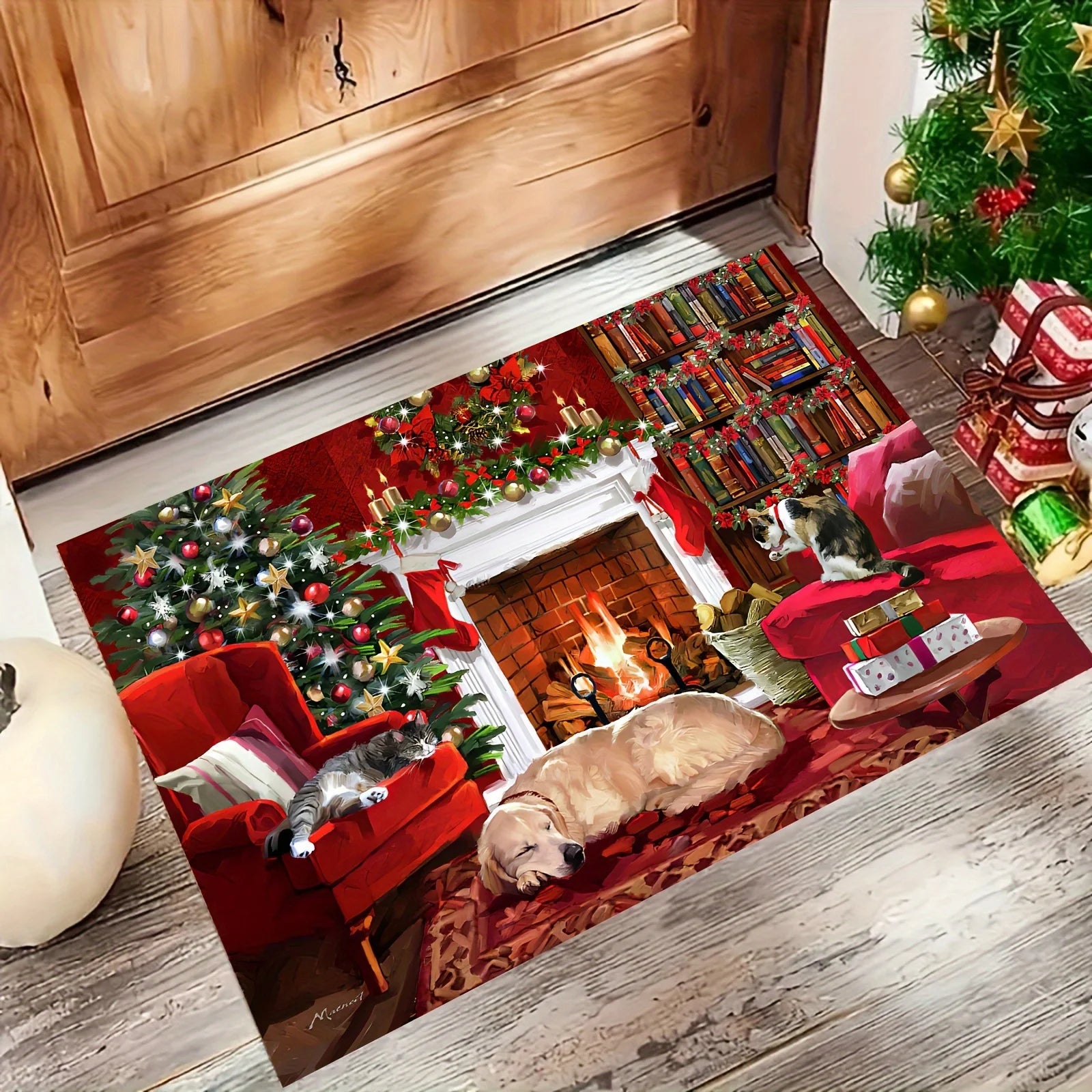 Alfombra de Navidad VIKAMA, felpudo suave, alfombra de árbol de Navidad romántica para sala de estar, alfombra para dormitorio, felpudo de bienvenida para exteriores