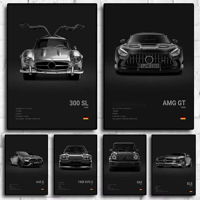 Arte de pared clásico de lujo en blanco y negro, coche deportivo G63 SL Gtr, sedán, póster de lienzo HD y decoración impresa para el hogar y la sala de estar