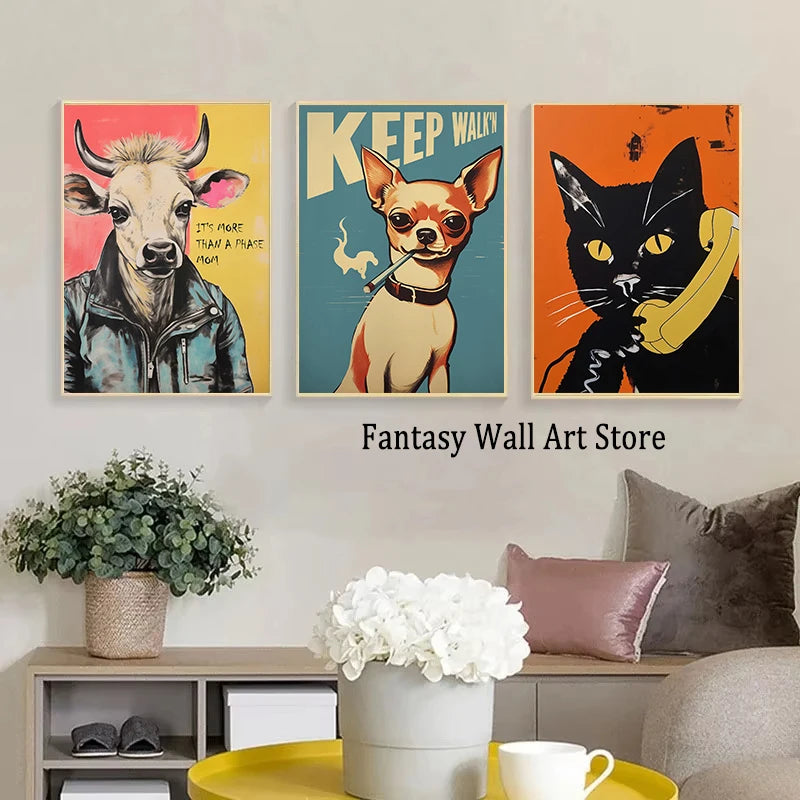 Póster divertido vintage de gatos y perros, arte de pared retro de moda, lienzo impreso, póster divertido de gatos retro, decoración de pared funky