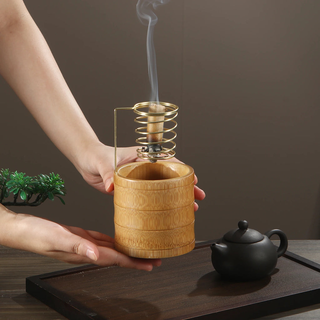 Support en bambou pour Palo Santo, brûleur en métal, support de sauge avec plateau de récupération des cendres en bambou, porte-encens pour méditation, yoga, spa