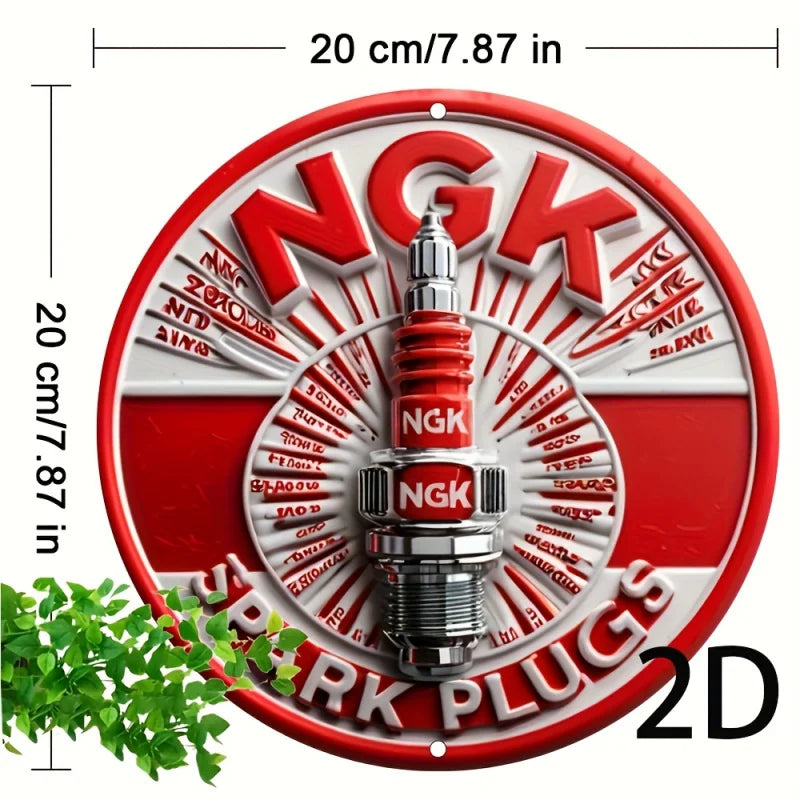 Letrero de pared de aluminio NGK Spark Plugs 2D plano, placa redonda de metal retro 2D, perforado previamente, impermeable, resistente a la intemperie
