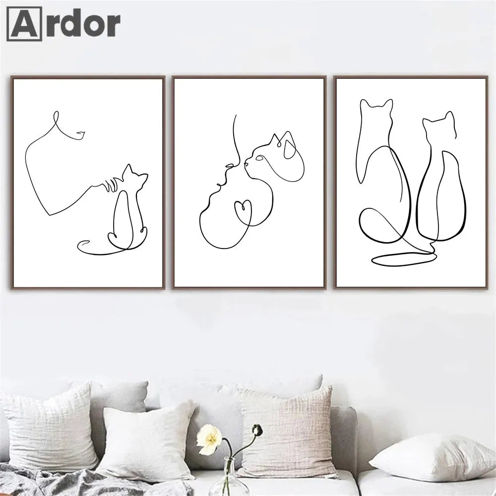 Affiche Chien Chat Abstrait Toile Peinture Dessin au Trait Affiche Murale Noir Blanc Minimaliste Impressions d'Art Nordique Image Décoration Maison