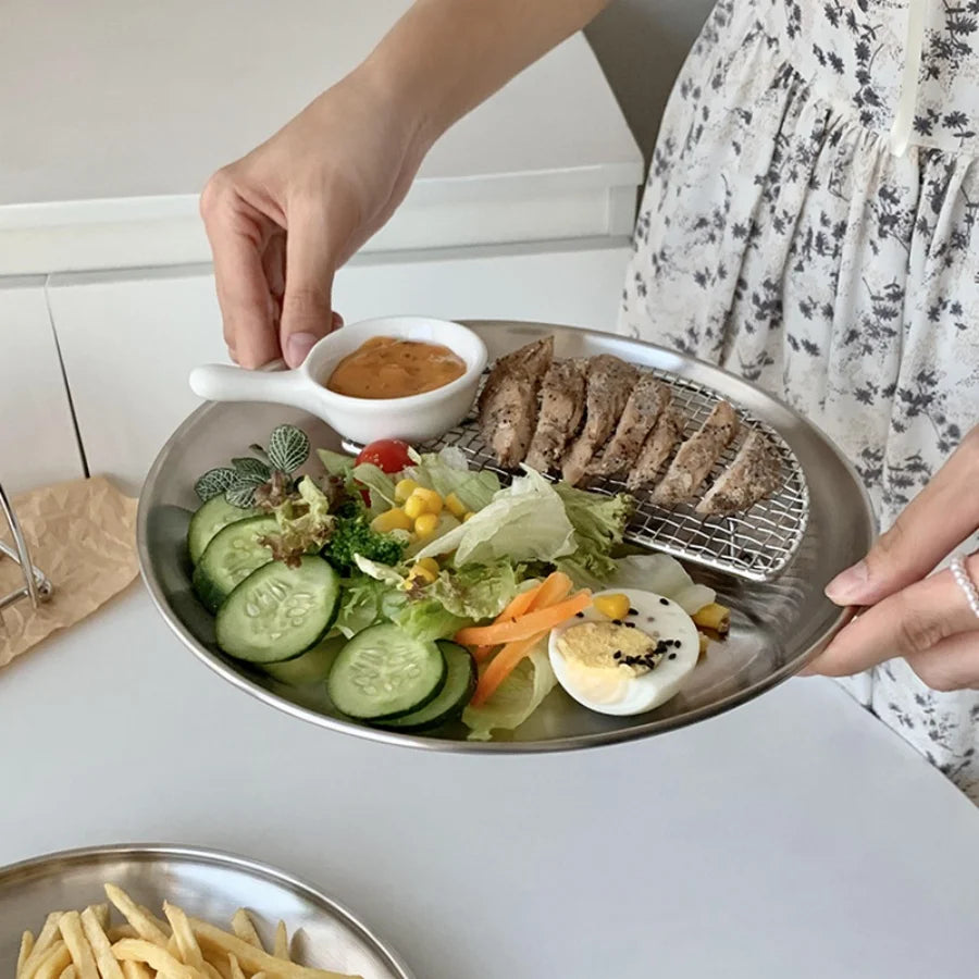 4 assiettes en acier inoxydable argentées, assiettes de viande grillée de style coréen, plateaux circulaires ménagers, assiettes à os, assiettes à gâteau