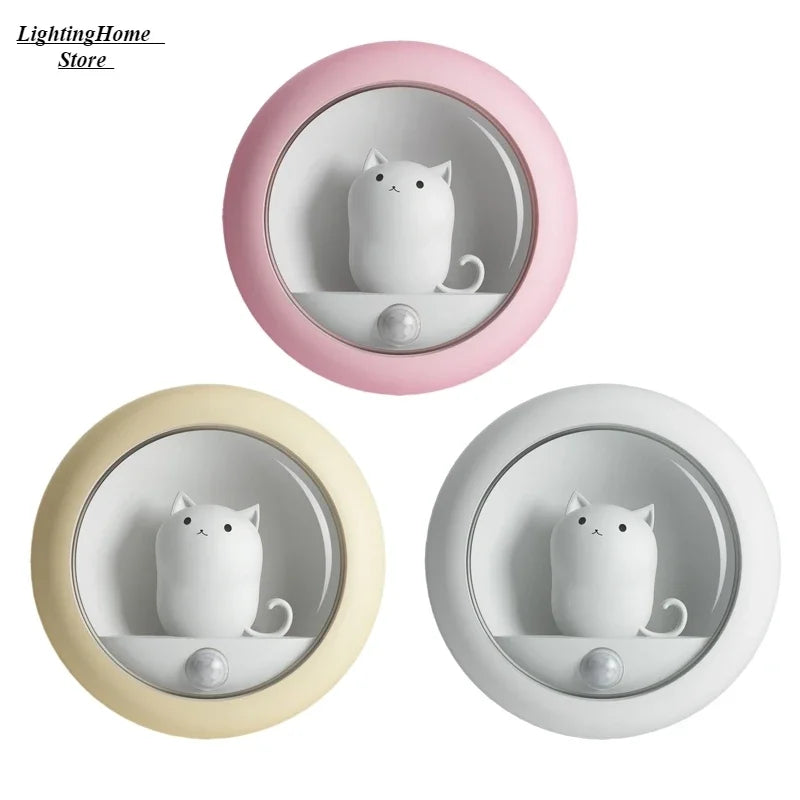 Luz de noche LED inteligente con sensor de movimiento, lámpara creativa de gato, recargable por USB, decorativa para armario, lámpara de pared colgante para dormitorio infantil, linda