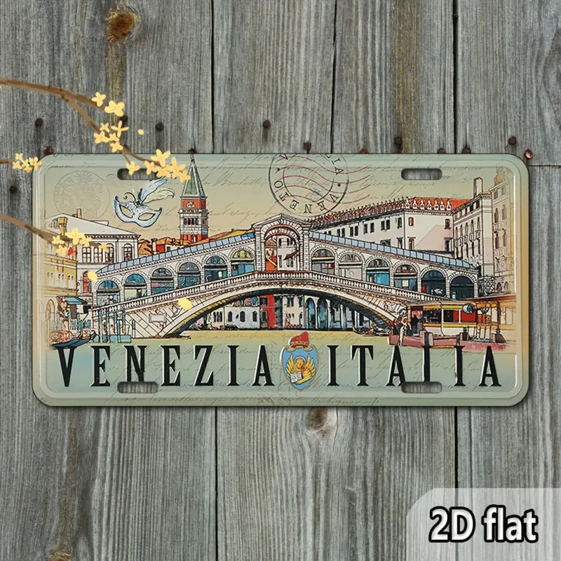 2D Flat, Vintage Italian Travel Poster - Venice Italy Metal Wall Decor Sign with Rialto Bridge & Gondola