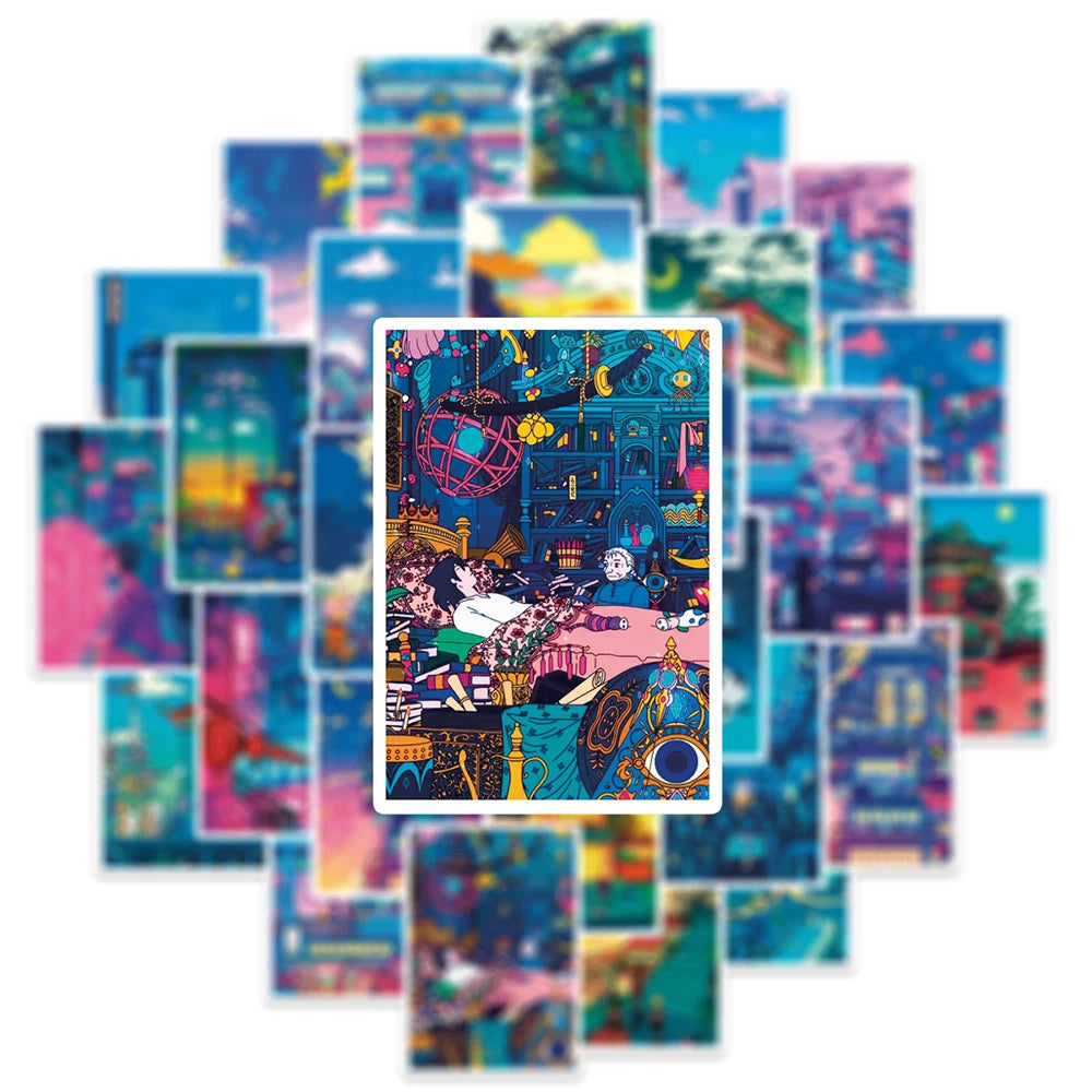 10/30/50pcs Lindas pegatinas de dibujos animados de vista nocturna de calle artística, calcomanías estéticas Ins, álbum de recortes, teléfono, laptop, equipaje, pegatina de pared, juguete para niños