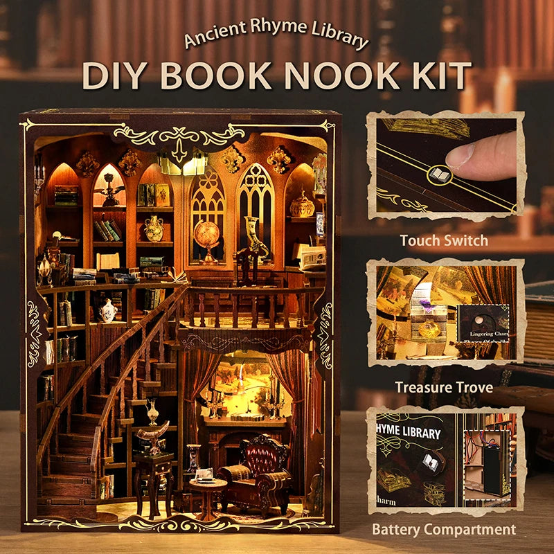 Kit de bricolage pour coin lecture – Bibliothèque en bois 3D Ancien Rime – Cadeau créatif pour Noël et le Black Friday – Décoration de bureau miniature