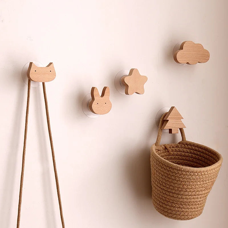 Crochets décoratifs en bois Étoile et Lune Adorables animaux de dessins animés crochets adhésifs muraux omnipotents porte-clés pour la maison et la décoration