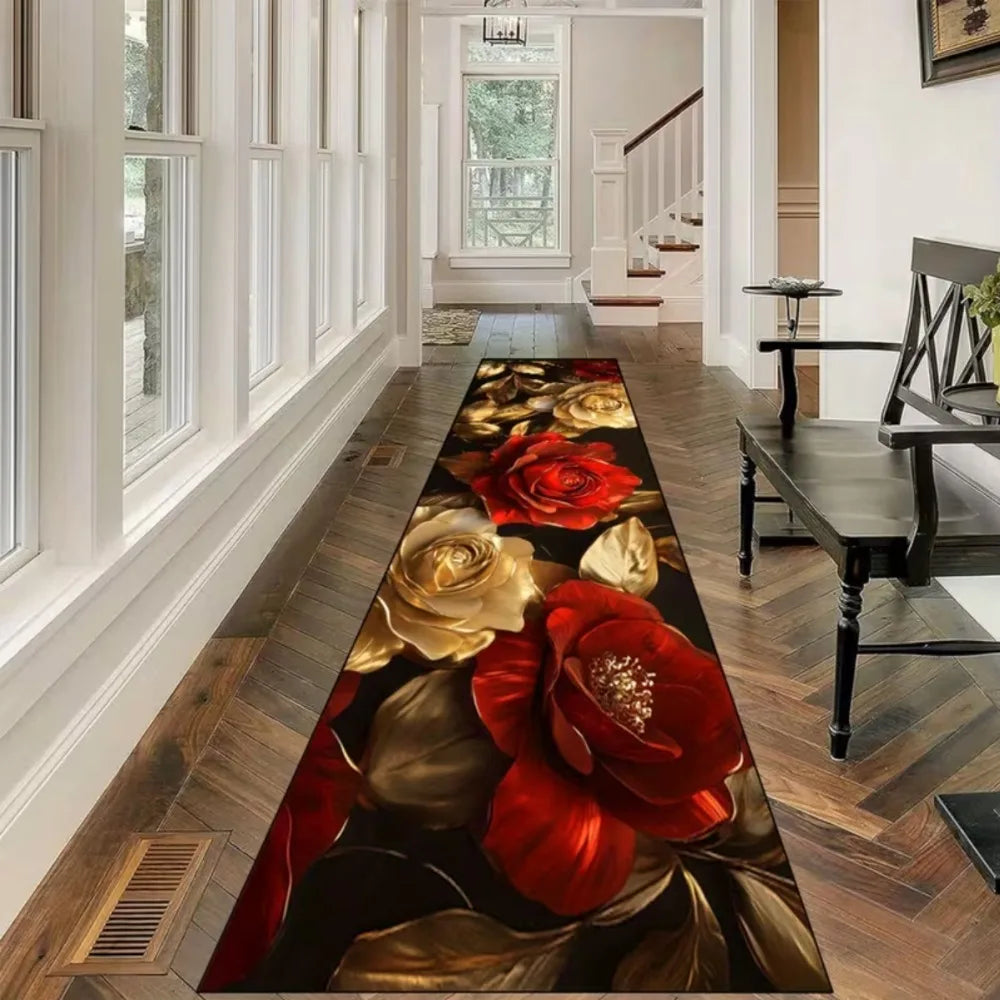 Alfombra de lujo clásica con diseño floral en oro, cómoda, antideslizante, fácil de limpiar, perfecta para el hogar o casa de vacaciones.
