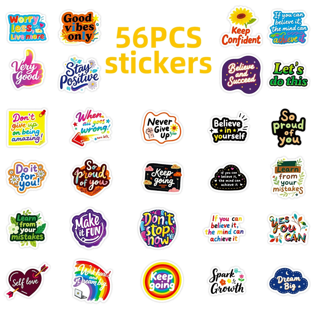 56 pegatinas de grafiti inspiradoras, pegatinas con texto positivo, pegatinas decorativas para cuaderno, laptop, impermeables, pegatinas de papelería