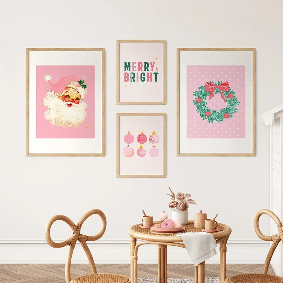 Art mural moderne simple, sapin de Noël rose, Père Noël, impression sur toile HD, affiche pour la maison, le salon, la chambre à coucher