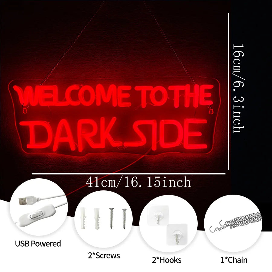 Letrero de neón "Welcome To The Dark Side", icono de lámpara de letras con alimentación USB, utilizado para dormitorio, sala de juegos, casa embrujada, decoración de Halloween.