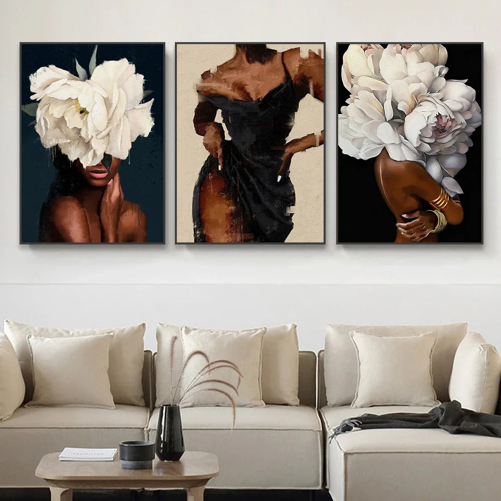 Clásico abstracto arte de pared mujer negra niña con flores lienzo impreso póster impresión póster decoración del hogar sala de estar dormitorio