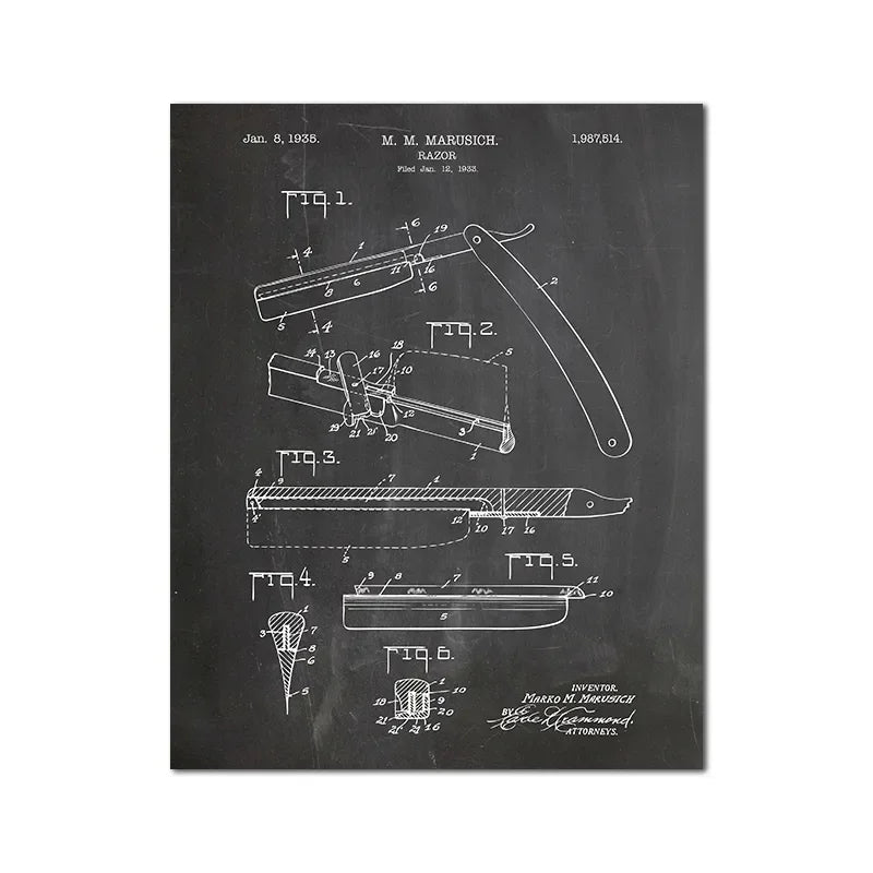 Barber Patent Blueprints Vintage Posters Canvas Prints ,Shaving Brush, Scissors Barber's Pole, Cutthroat Razor Barbershop Decor