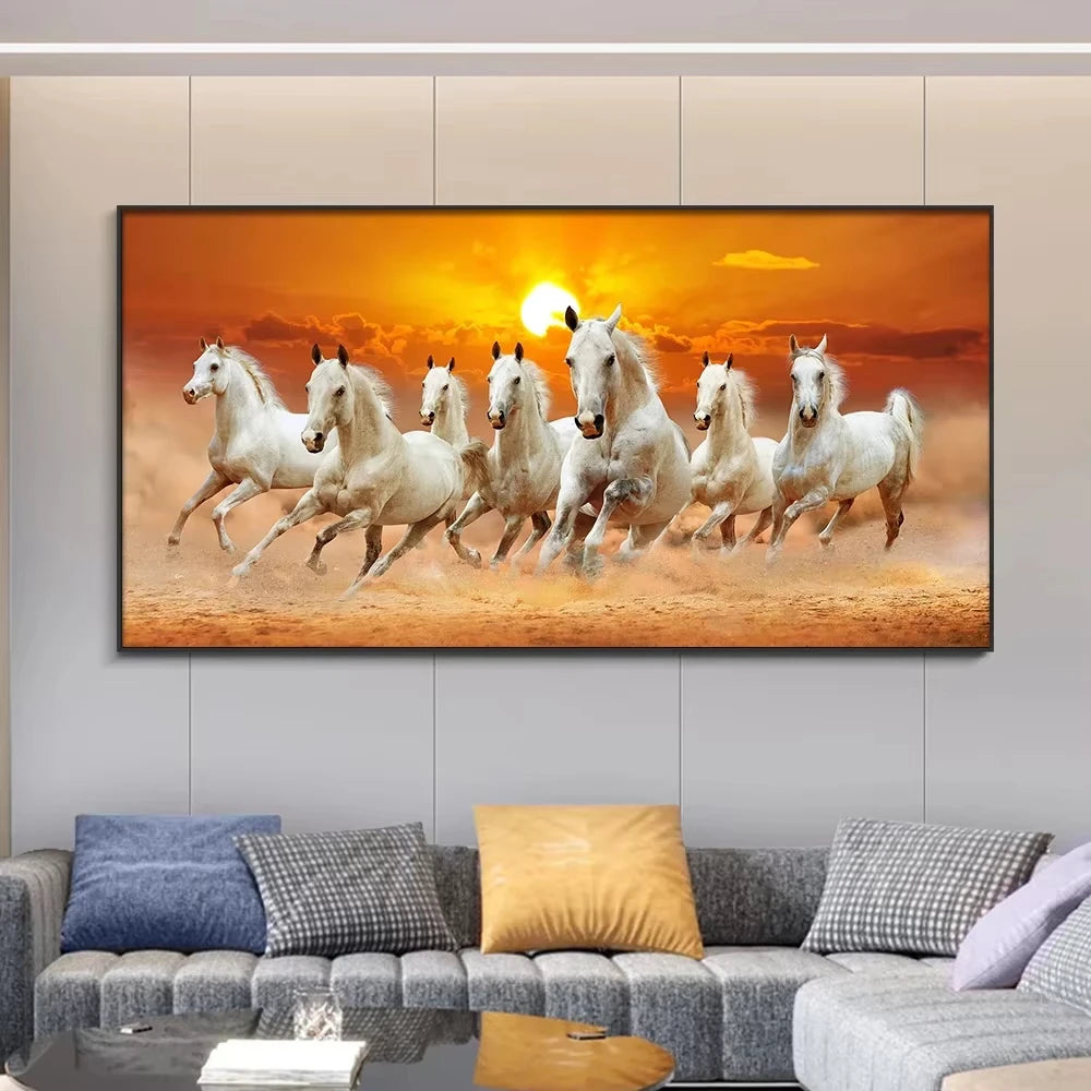 Tableau mural moderne et simple 7 chevaux blancs au galop Paysage coucher de soleil Impression sur toile HD Affiche Décoration maison salon chambre
