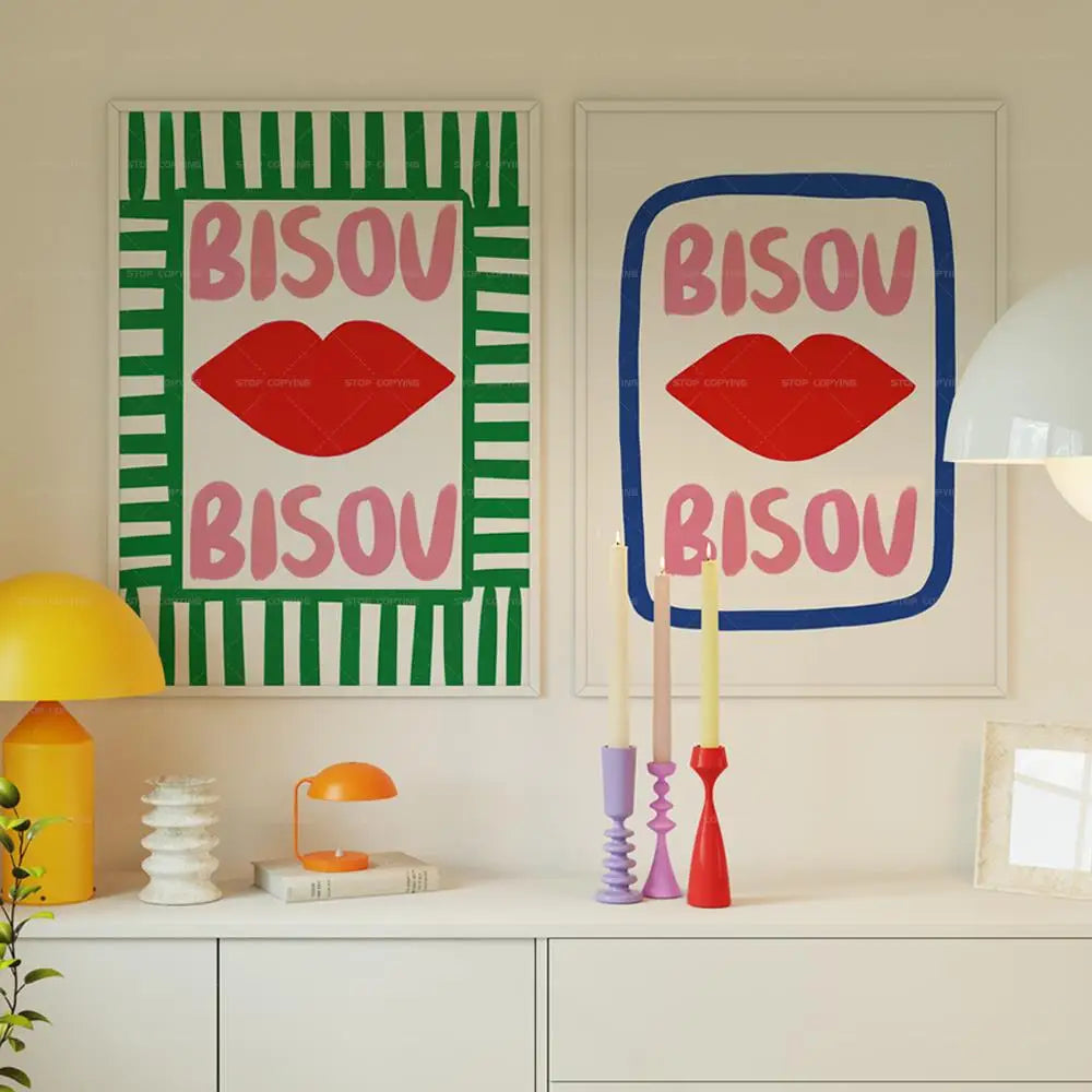 Maximalista Ecléctico Rosa Citas Francesas Bisou Bisou Bonjour Bonne Nuit Lienzo de Pared Pintura Pósters Decoración Hogar Salón