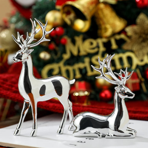 2 Piezas Decoración Navideña de Renos, Resina, Figurita de Ciervo de Pie y Sentado, Decoración Navideña de Renos para el Hogar, Interiores, Fiestas de Navidad