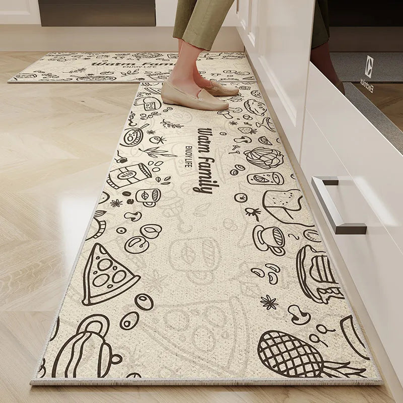 VIKAMA Alfombra de cocina de terciopelo de cristal de 1/2 pieza con diseño de dibujos animados, fácil de manejar, larga, resistente a la suciedad y antideslizante