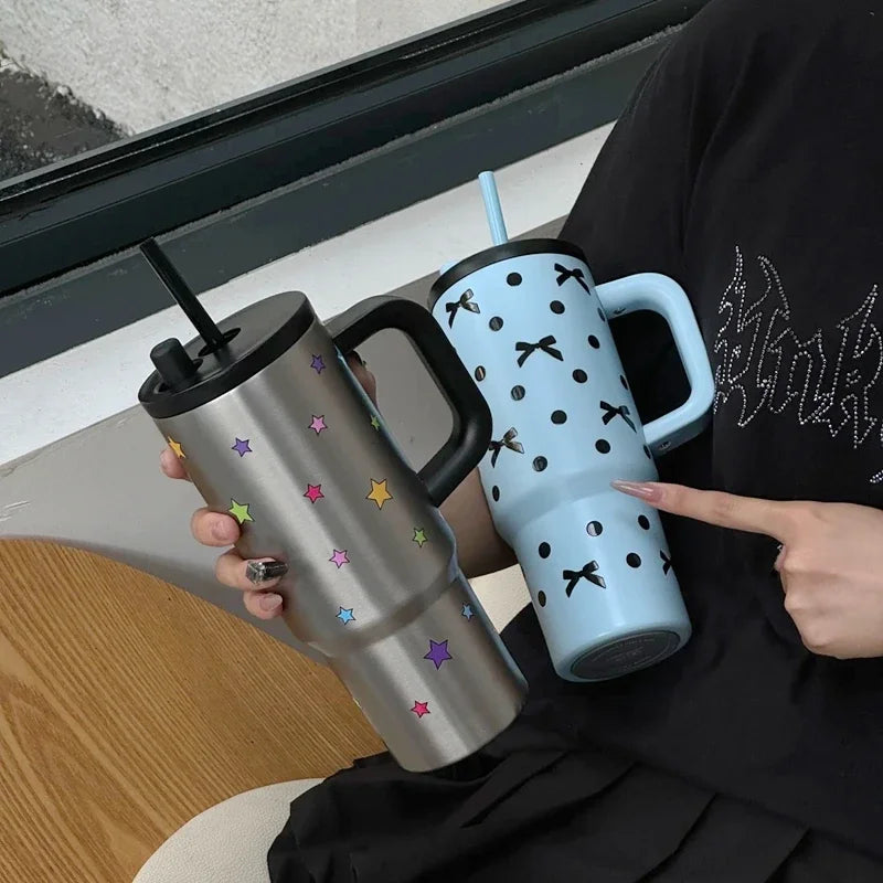 Gobelet de voyage de 710 ml avec anse et couvercle à paille, grande capacité, en acier inoxydable, isotherme, garde au froid