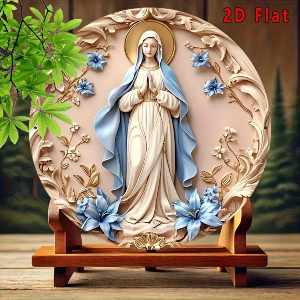Decoración de pared de aluminio vintage de la Virgen María - Arte redondo de 8x8" con temática de María, regalo de Navidad para el hogar y la cocina