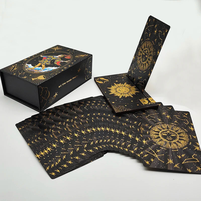 Baraja de tarot con lámina dorada Divinative Luxe Finish para juego de mesa fantástico predictivo con soporte de madera para cartas