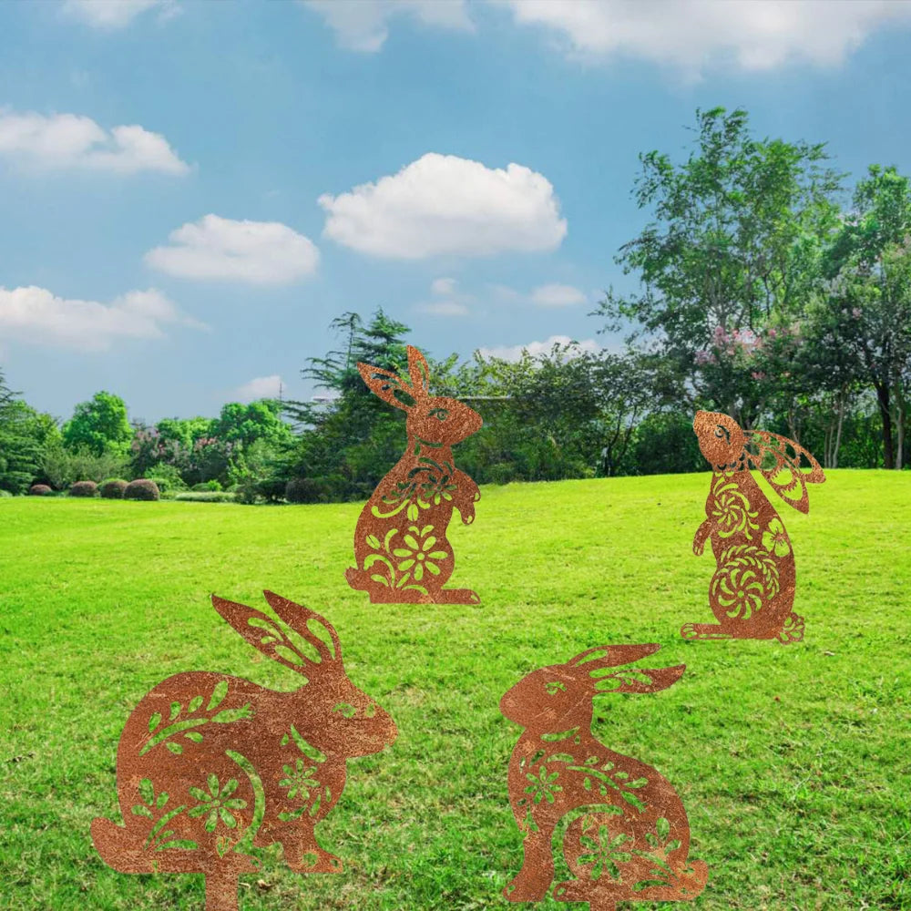 Lovely Rustic Metal Rabbit Garden Post Patinated Rusty Finish Great for Outdoor Adornment Backyard Patio Farm Area