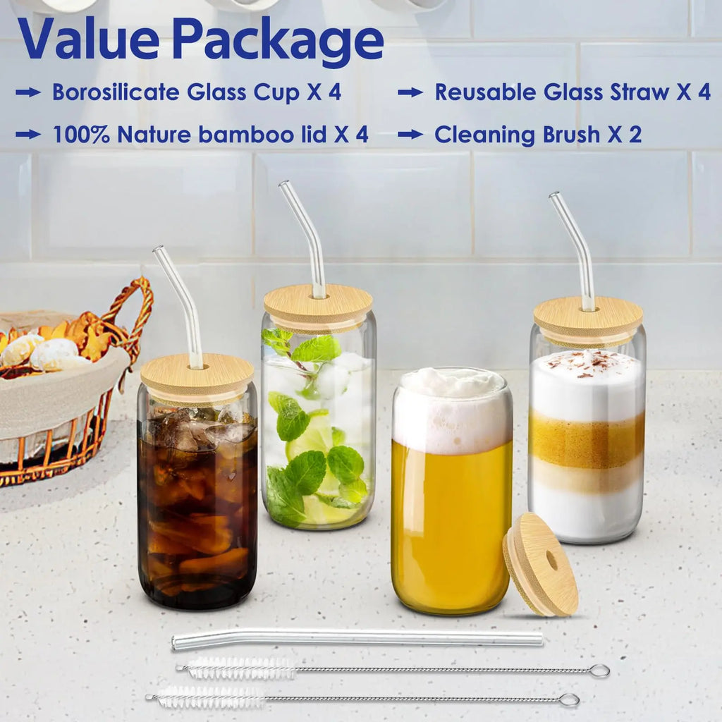 1/4 pièces 400ML tasse en verre avec couvercle en bois et paille jus boisson bière tasse à café lait tasse d'eau transparente adaptée aux fêtes