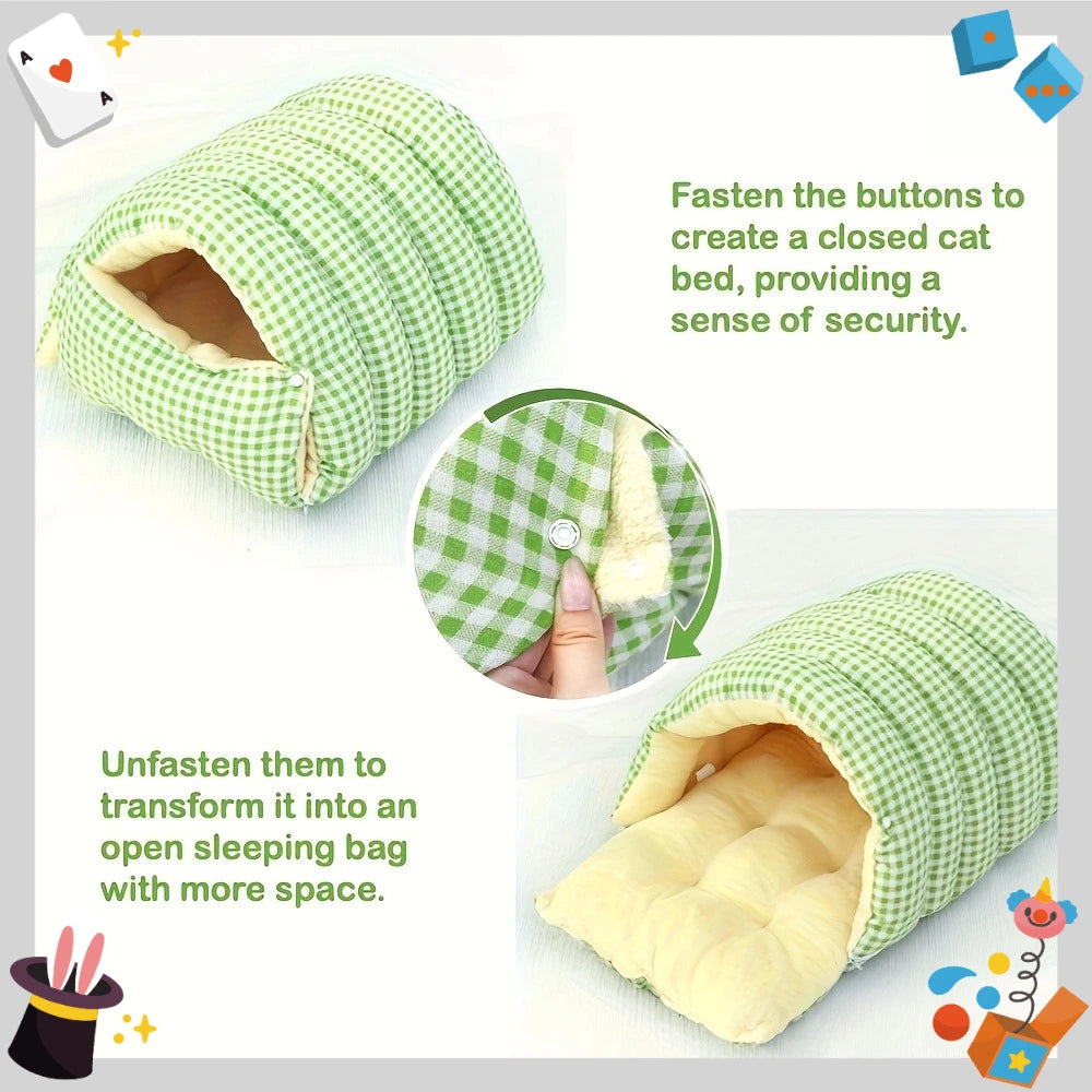 Large all-season cat house (including a warm winter bed) – with decorative panels and a fully enclosed comfortable sleeping bag.