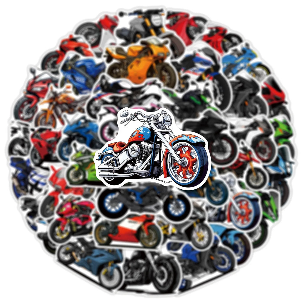 50/100 autocollants de moto de dessin animé Graffiti autocollants décoratifs pour bagages, cahiers, voiture, papeterie imperméable