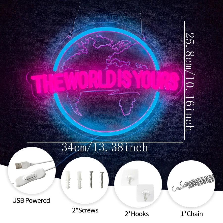 Néon LED Le Monde Est À Vous, Enseigne en forme de Terre Sculpture 3D, Utilisé pour la décoration de chambre à coucher, de club et de salle de jeux, Alimenté par USB.