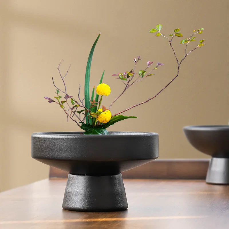 Vase en céramique rétro, pot de fleurs noir, ornement pour plantes de table, décoration de bonsaï pour la maison, accessoires floraux de table