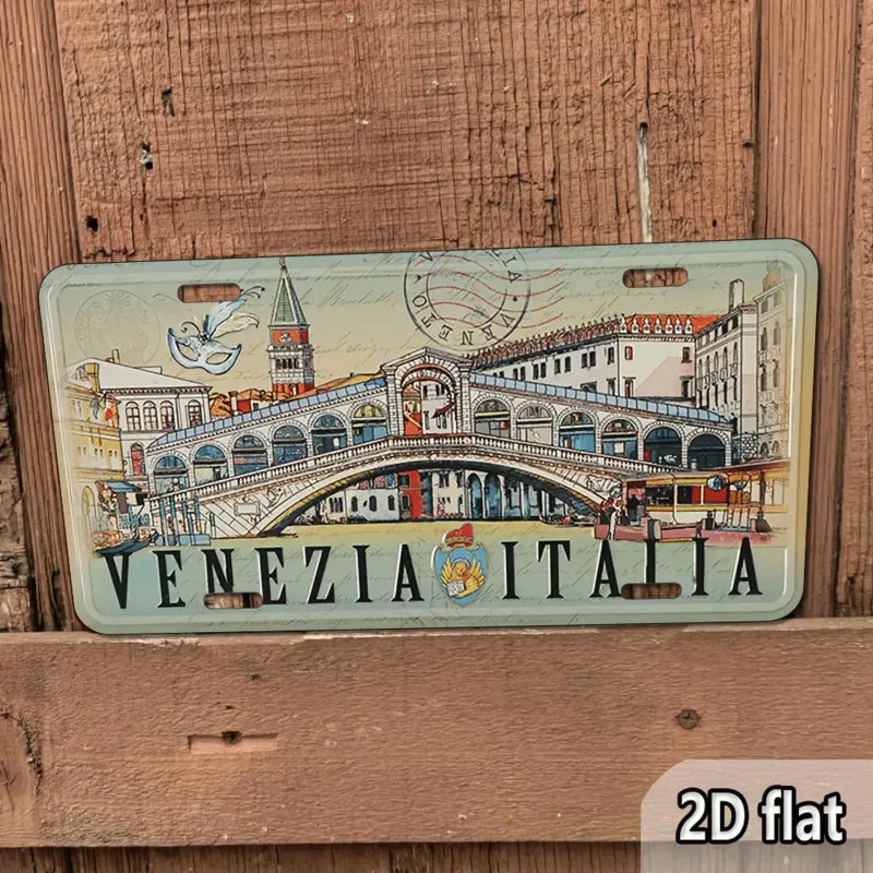 2D Flat, Vintage Italian Travel Poster - Venice Italy Metal Wall Decor Sign with Rialto Bridge & Gondola
