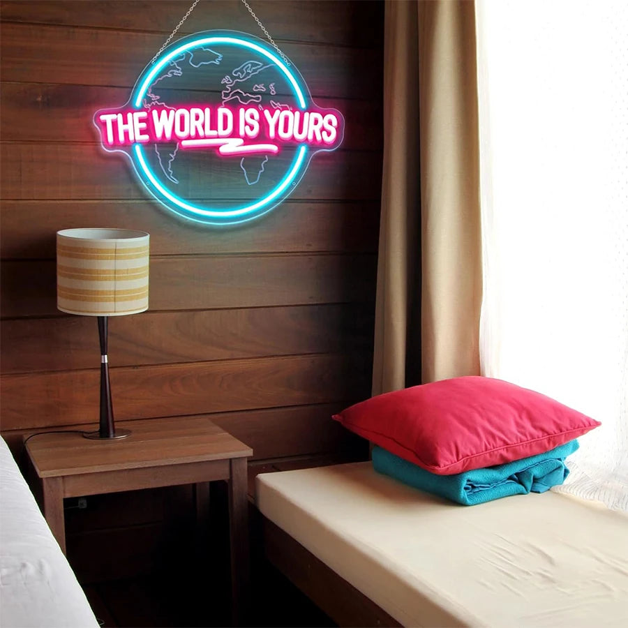 Néon LED Le Monde Est À Vous, Enseigne en forme de Terre Sculpture 3D, Utilisé pour la décoration de chambre à coucher, de club et de salle de jeux, Alimenté par USB.