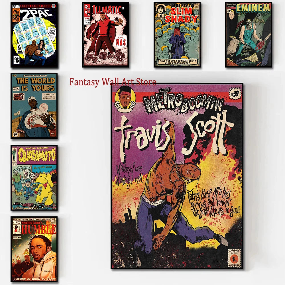 Rapper Cantante Eminem Portadas de Cómics Póster Lienzo Impresión Música Cantante Rap Pop Decoración de Pared Arte Estético Habitación de Fans Decoración del Hogar