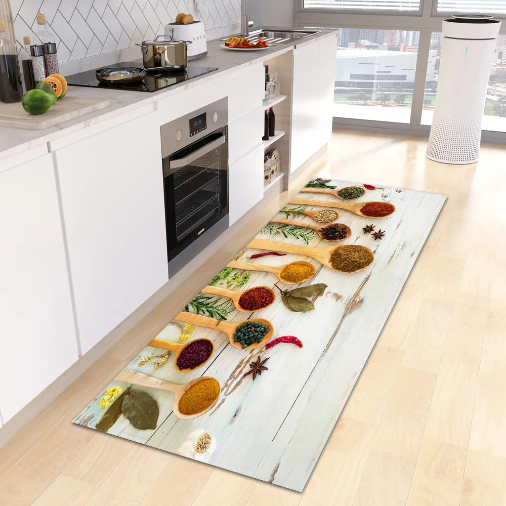 VIKAMA Alfombra escandinava impermeable, antibacteriana, resistente a las manchas, estampada con especias, lavable a máquina, moderna, para cocina, decoración del hogar