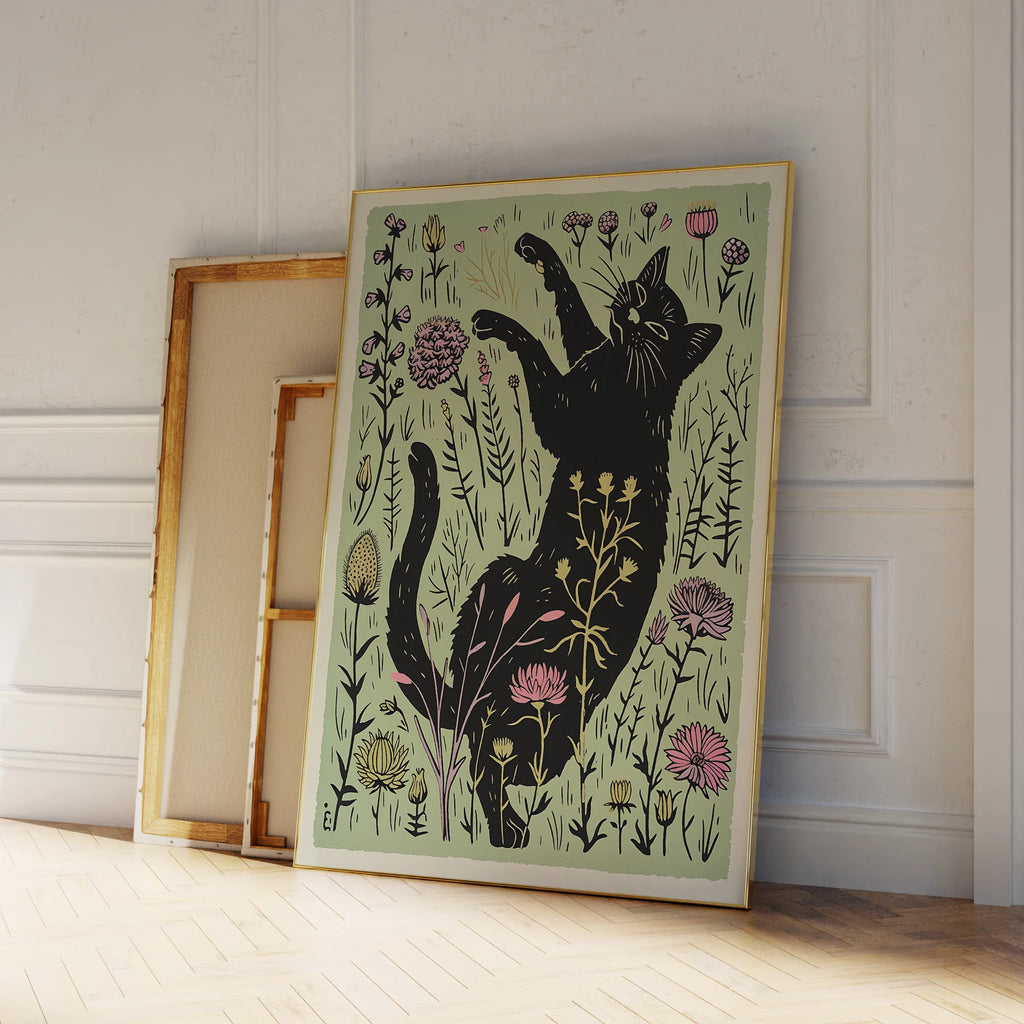 Affiche d'art mural moderne chat noir mignon avec fleurs illustration sur toile peinture image pour la décoration de la maison de salon
