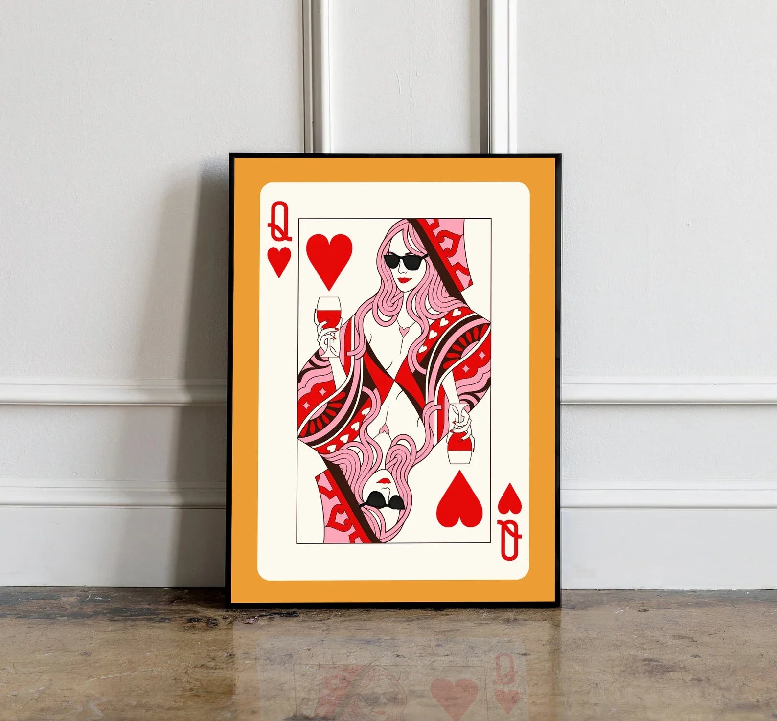 Queen of Hearts Wall Art Print | Colorful Playing Card Digital Download | Maximalist Card Decor | Dopamine Queen Illustration |