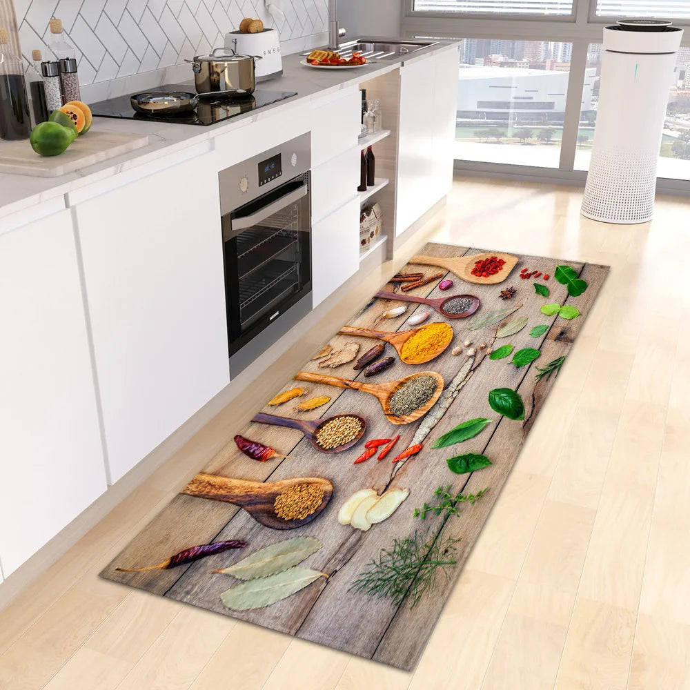 VIKAMA Alfombra escandinava impermeable, antibacteriana, resistente a las manchas, estampada con especias, lavable a máquina, moderna, para cocina, decoración del hogar