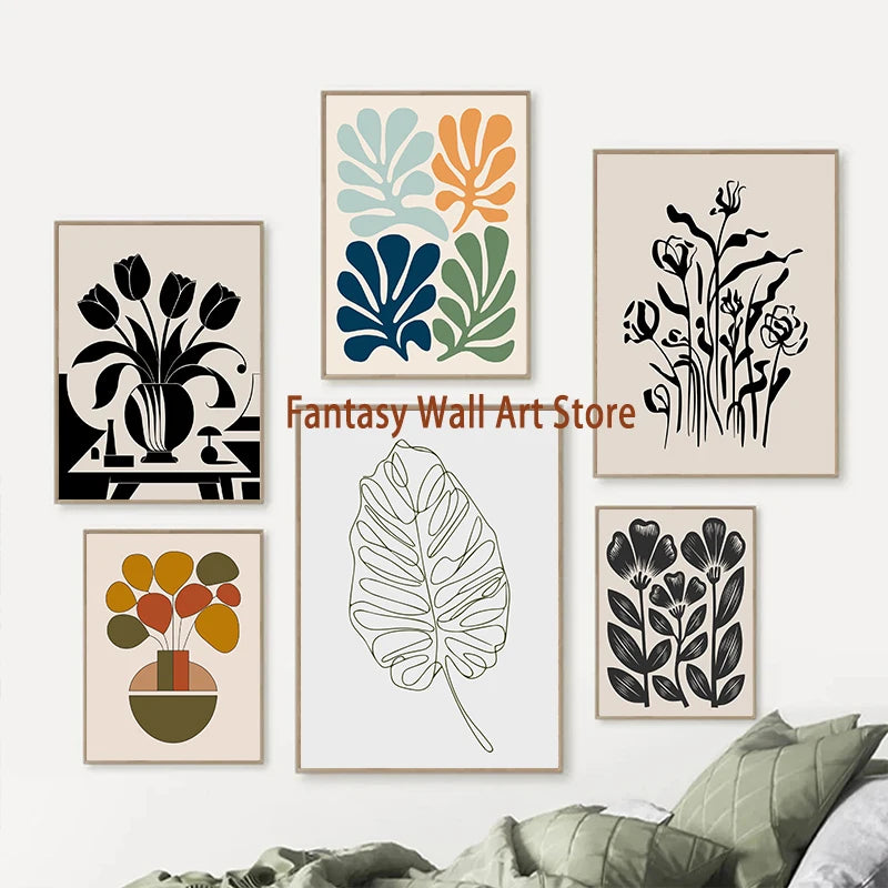 Abstract Floral Art Prints Poster Abstract Botanical Flowers Leaves Poster Canvas Painting Boho Home Room Aesthetic Wall Decor