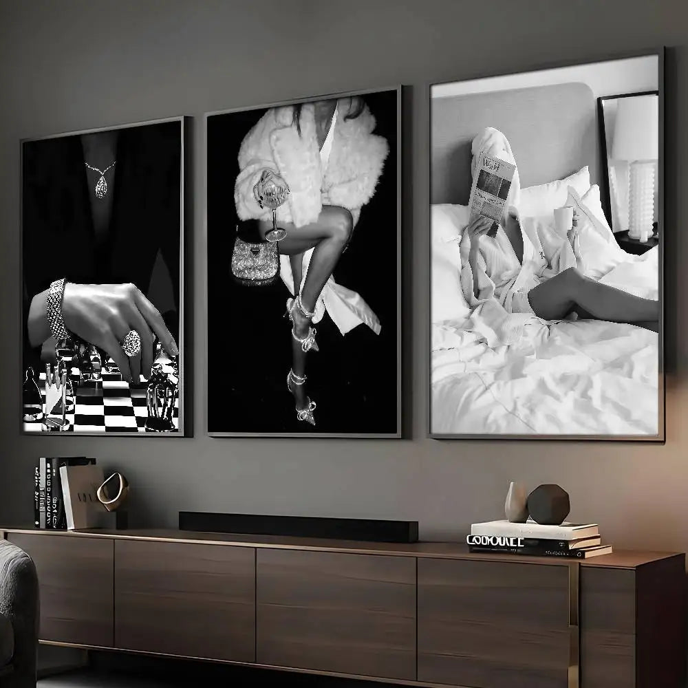 Póster retro de tacones artísticos blancos y negros de lujo moderno, champán, impresión artística de pared, pegatinas impermeables para el hogar, sala de estar, dormitorio, bar