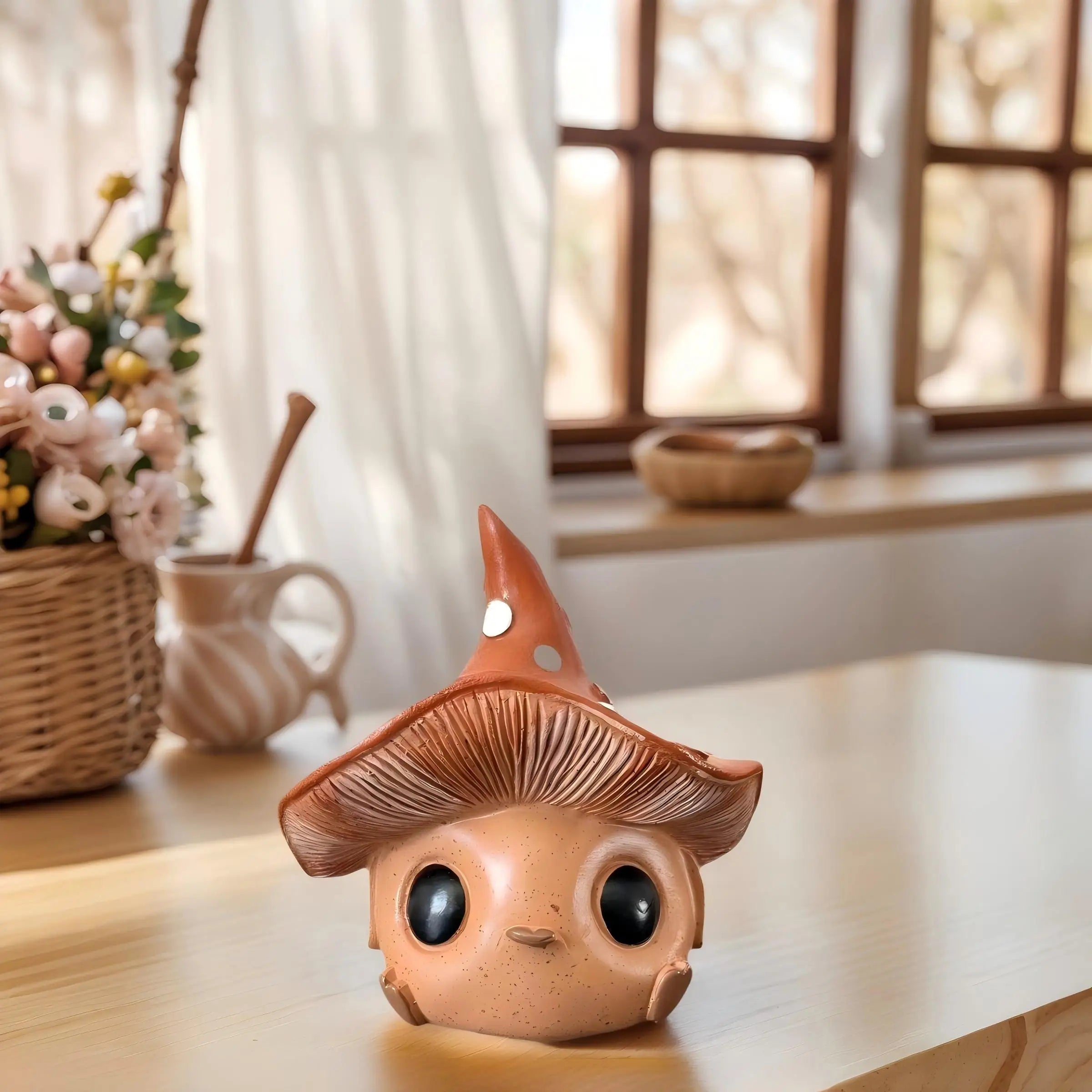 Encantadora y adorable estatua de elfo seta, con los ojos bien abiertos y la boca haciendo un puchero, adecuada para la decoración del hogar y la oficina, una excelente opción para regalos de vacaciones, con un diseño único y estilo natural.