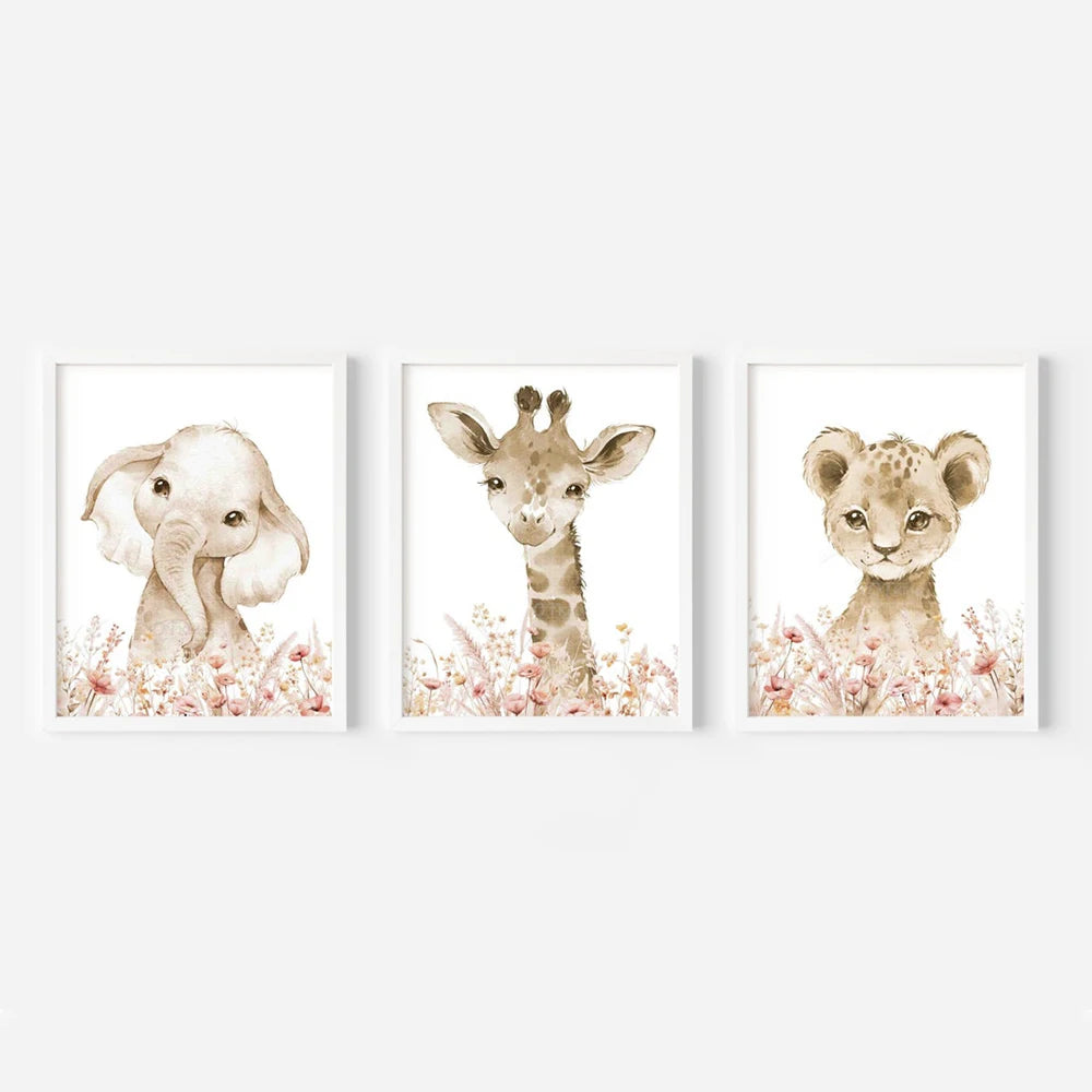 Nordic Modern pink Cute Animal Elephant Giraffe Cat Prints Canvas Painting Poster For Living Room Play Room Kids Room Home Decor