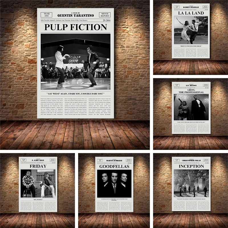 Affiche de film minimaliste noire et blanche, impression rétro de journal, art mural, peinture Forrest Gump/Pulp Fiction, décoration intérieure moderne